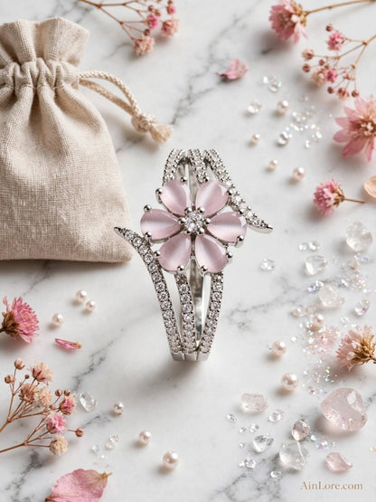 Blush Pink Floral AD Silver-Tone Ring