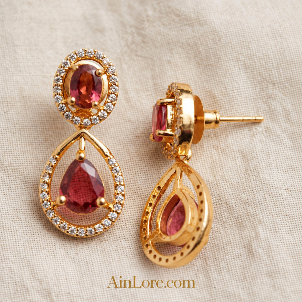 Ruby Teardrop Drop Earrings in Gold Tone | AinLore