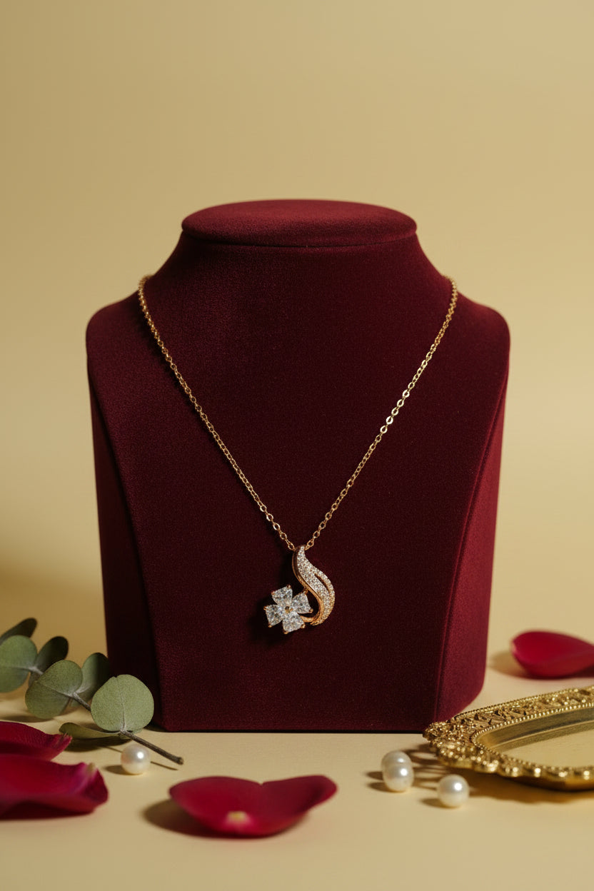 Rose Gold Floral Motif Pendant Necklace – Pink Rose Gold Tone CZ | AinLore