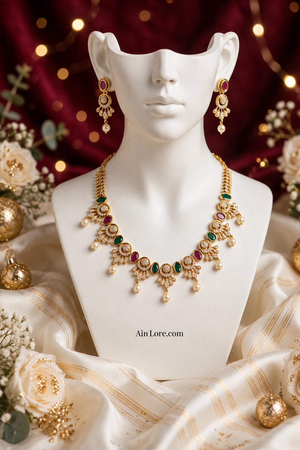 Peacock Ruby Emerald Gold-Plated AD Necklace Set