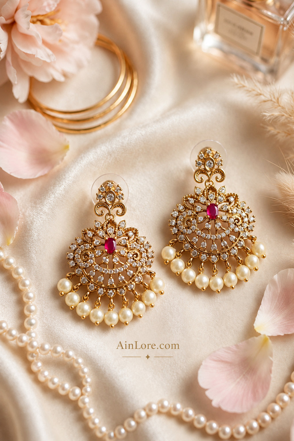 Close-up of matching chandelier earrings on display