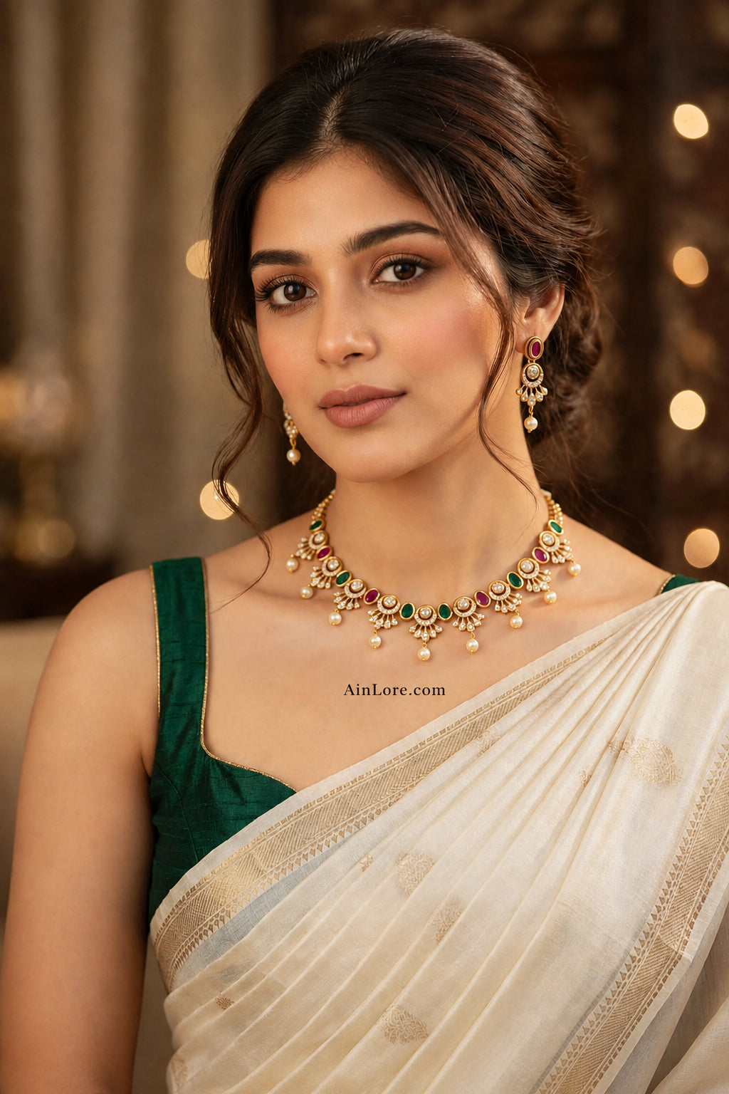 Peacock Ruby Emerald Gold-Plated AD Necklace Set