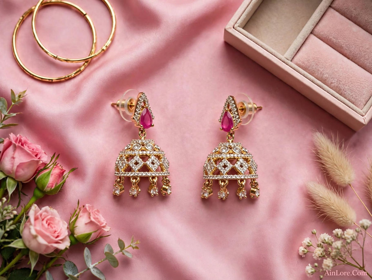 Pink Starlight AD Jhumki Earrings