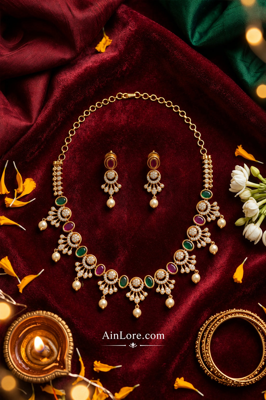 Peacock Ruby Emerald Gold-Plated AD Necklace Set