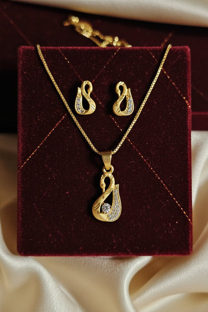 Swan Motif Pendant & Earring Set – Solitaire CZ | Gold Tone | AinLore