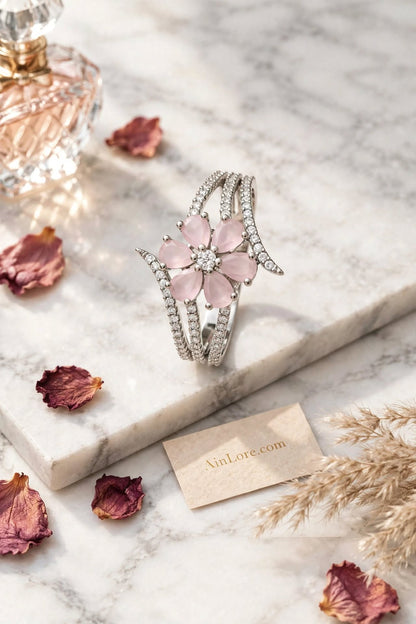 Blush Pink Floral AD Silver-Tone Ring