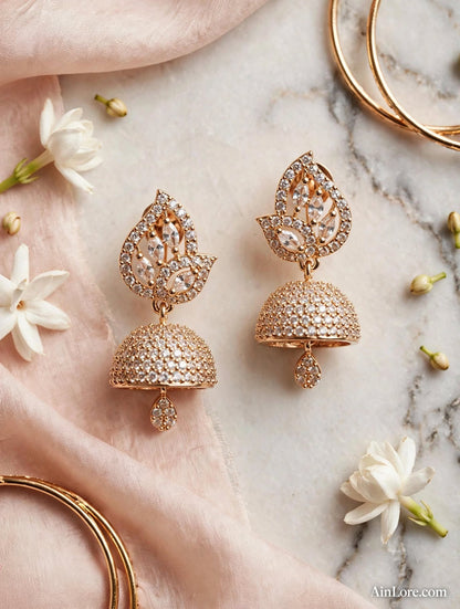 Vanya Leaf-Top Gold-Plated AD Jhumkis