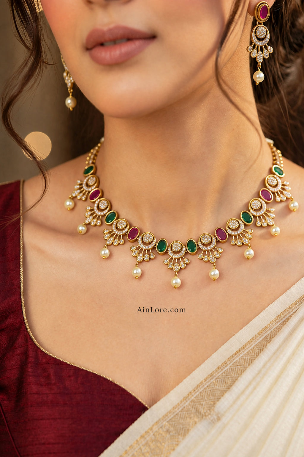 Peacock Ruby Emerald Gold-Plated AD Necklace Set
