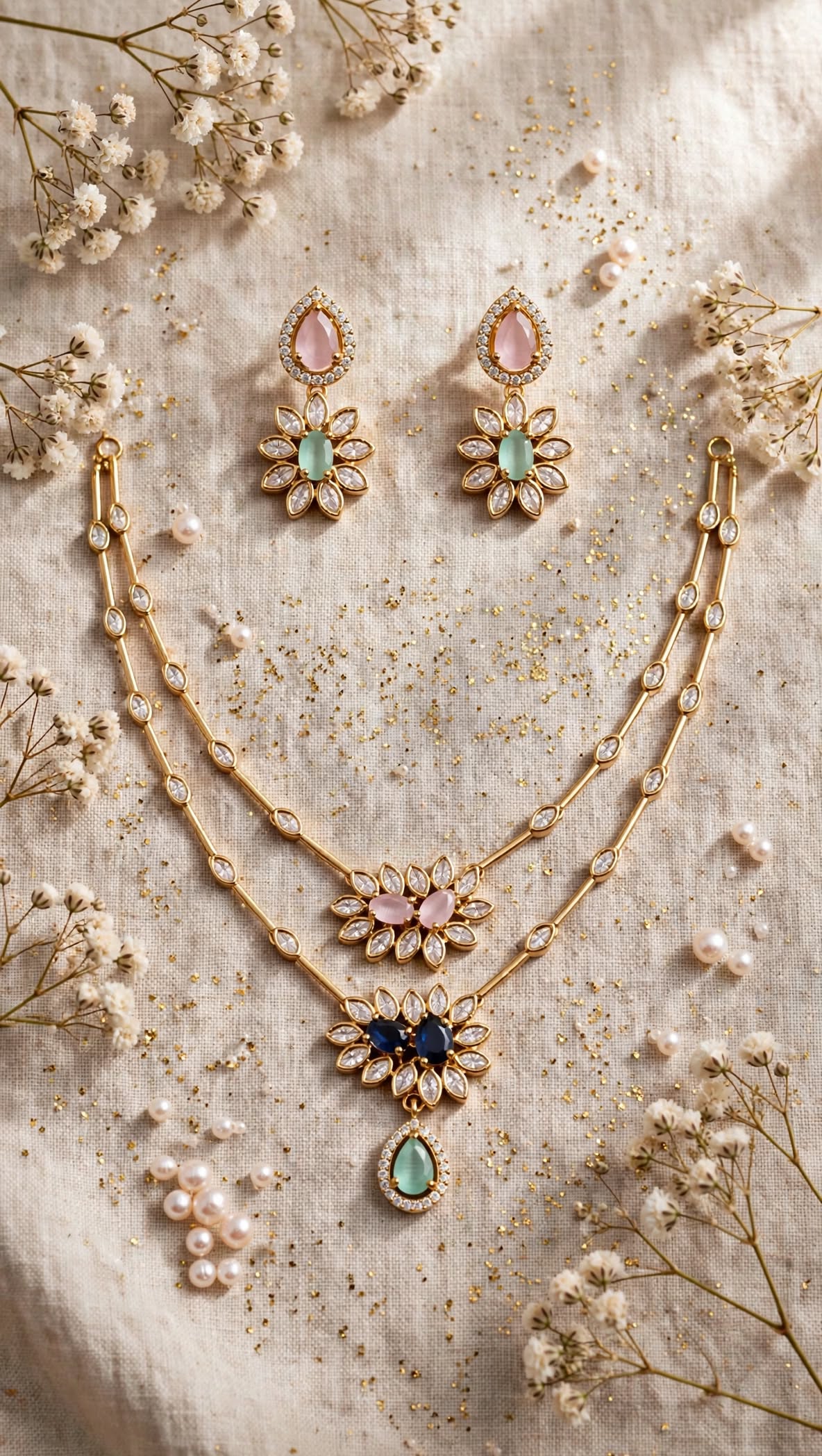 Pastel Zirconia Bloom Layered Necklace & Earring Set