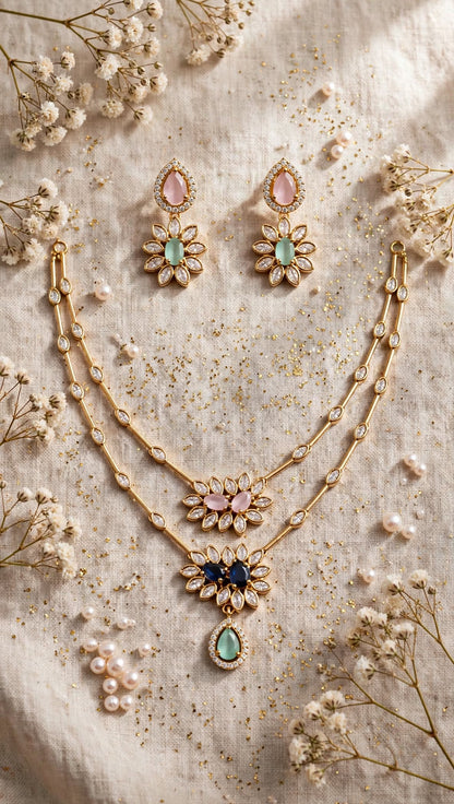 Pastel Zirconia Bloom Layered Necklace & Earring Set