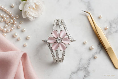 Blush Pink Floral AD Silver-Tone Ring