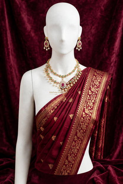 Ruby & Emerald CZ Double-Layer Necklace Set — Gold Polki Bridal Jewellery