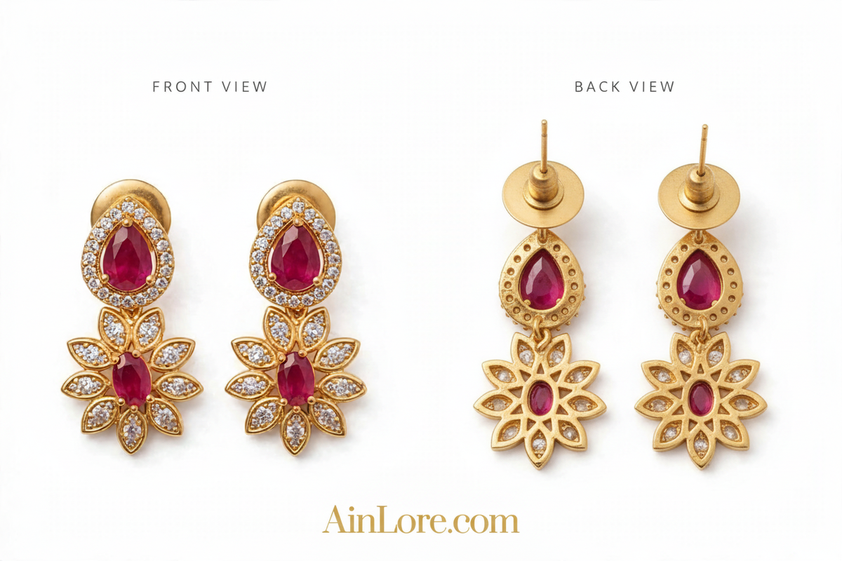 Ruby CZ Earrings Flatlay with AinLore.com Watermark