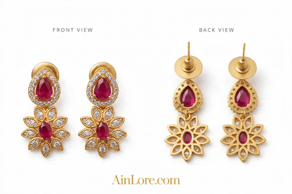 Ruby CZ Earrings Flatlay with AinLore.com Watermark