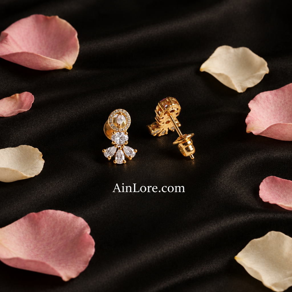 White Zirconia Earrings — Black Satin with Rose Petals